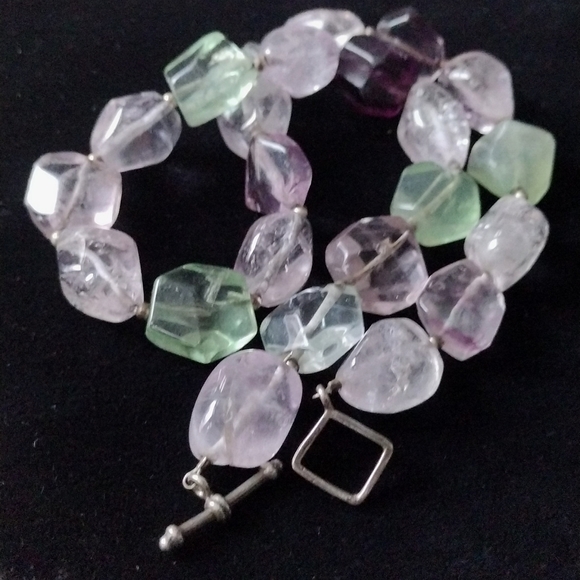 Sterling Silver Multi Chunky Faceted Gemstone Fluorite Amethyst Quartz Choker - Picture 2 of 5